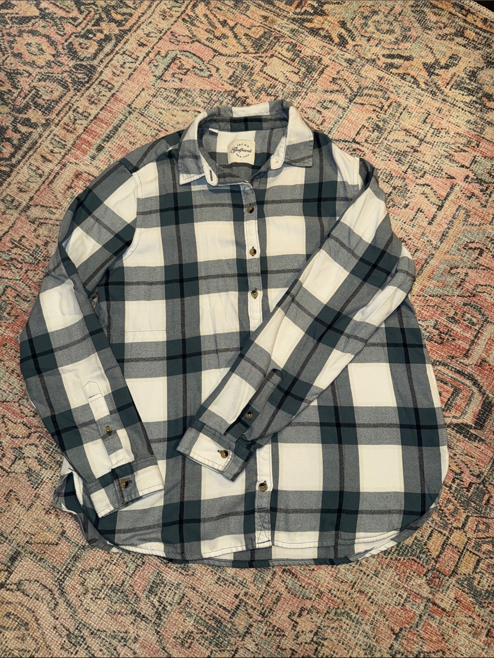 JACHS Girlfriend Gray and White Plaid Button-Down Shirt